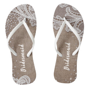 Rustic lace and burlap silver glitter bridesmaid jandals