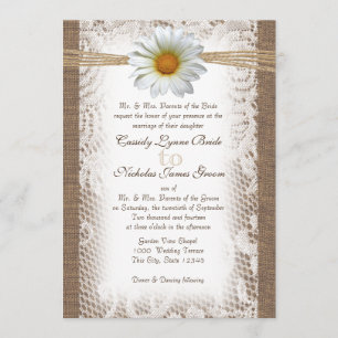 Rustic Lace and Burlap with Daisy like Gazania Invitation