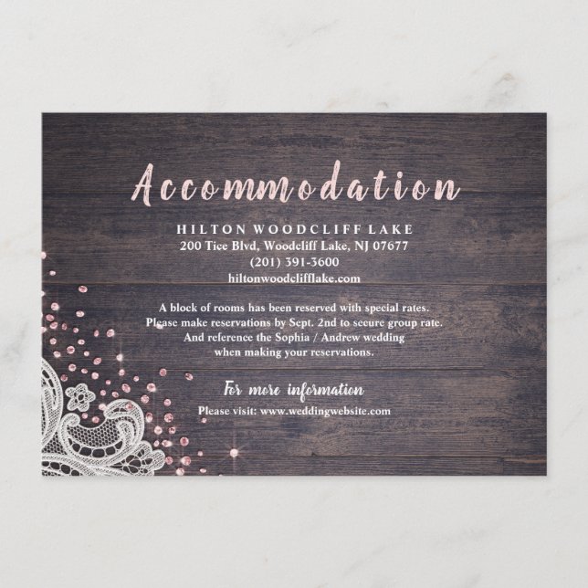 Rustic lace and wood blush glitter accommodation enclosure card (Front)