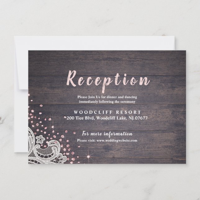Rustic lace and wood blush glitter reception card (Front)