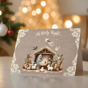 Rustic Lace and Wood Nativity Scene Christmas Card