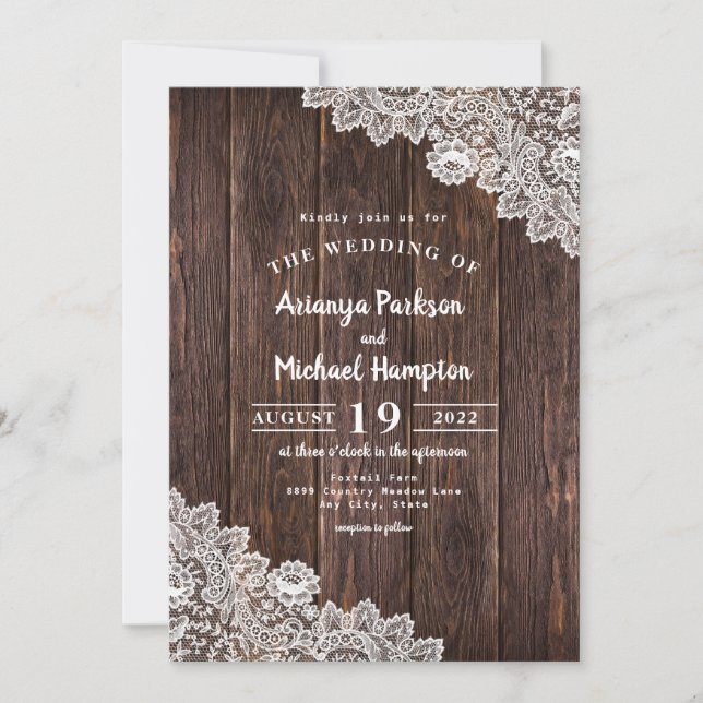 Rustic Lace and Wood Wedding Invitation (Front)