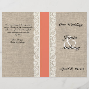 Rustic Lace & Burlap Coral Ribbon Wedding Program