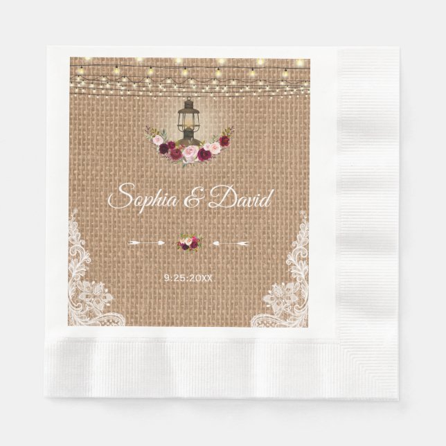 Rustic Lace Burlap Lantern String Lights Wedding Napkin (Front)