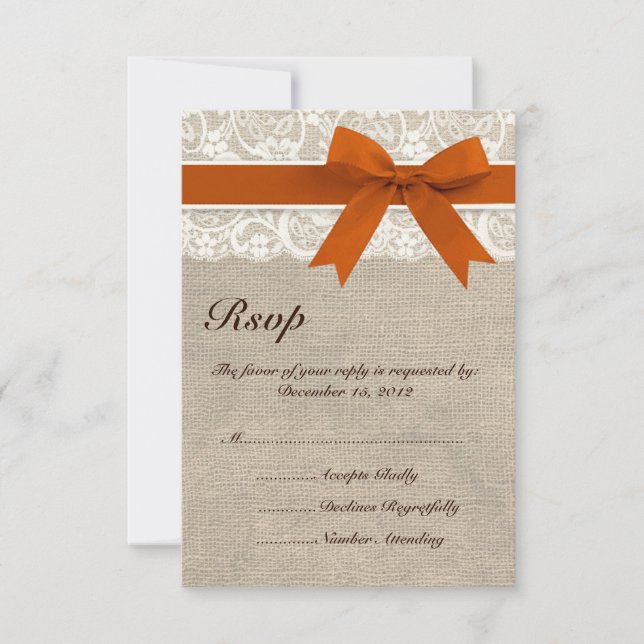 Rustic Lace Burlap Look RSVP Card Burnt Orange (Front)