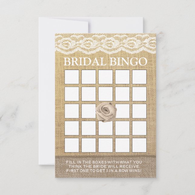 Rustic Lace Burlap Rose Bridal Shower Bingo Cards (Front)