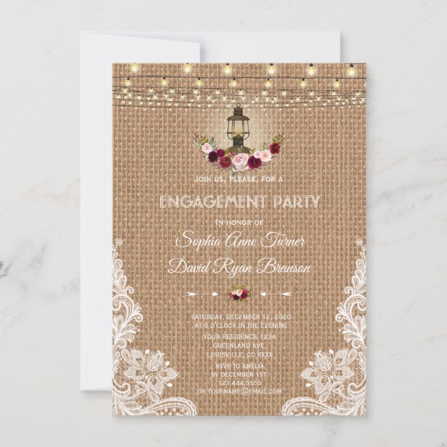 Rustic Lace Burlap String lights Engagement Party Invitation (Front)