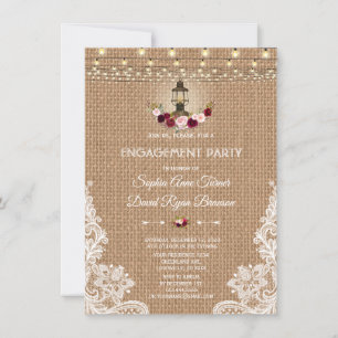 Rustic Lace Burlap String lights Engagement Party Invitation