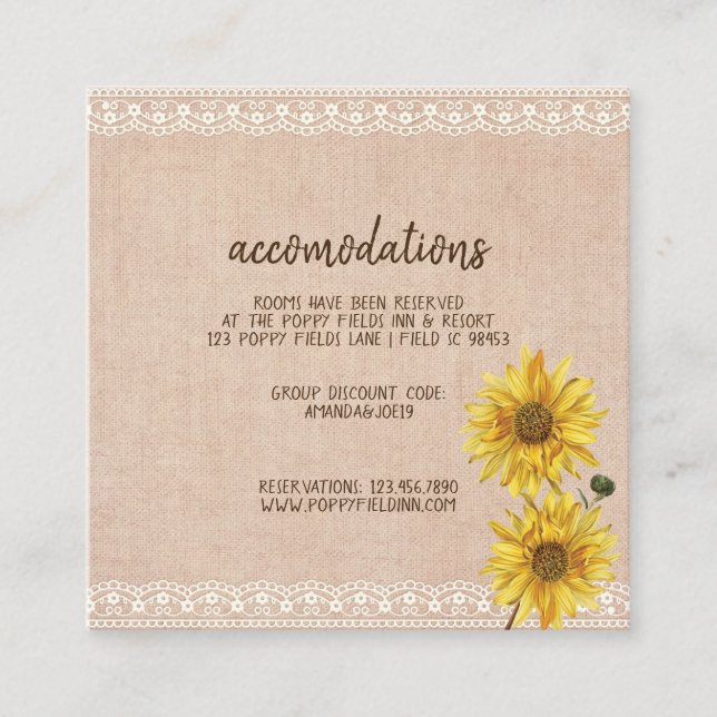 Rustic Lace & Burlap Sunflowers Wedding Hotel Enclosure Card (Front)