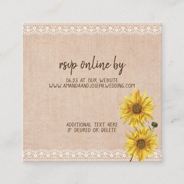 Rustic Lace & Burlap Sunflowers Wedding RSVP Card (Front)
