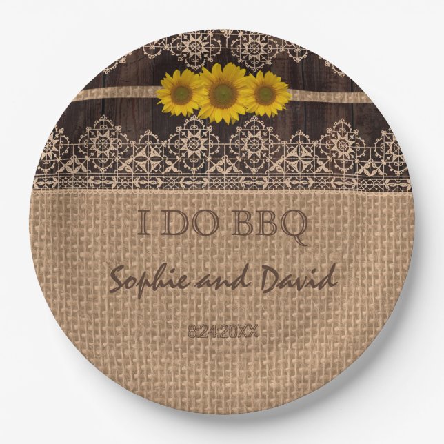 Rustic Lace Burlap Wood I DO BBQ Paper Plate (Front)