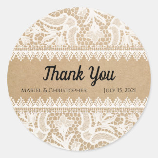Rustic Lace Custom Thank You Classic Round Sticker