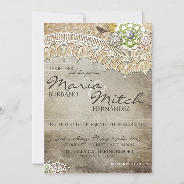Rustic Lace Distressed Wedding Invitation (Front)