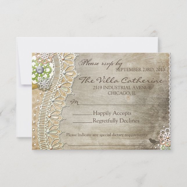 Rustic Lace Distressed Wedding Reception RSVP Card (Front)