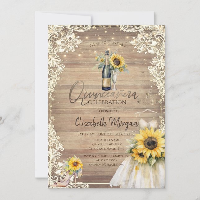 Rustic Lace,Dress,Lights,Sunflowers Invitation (Front)