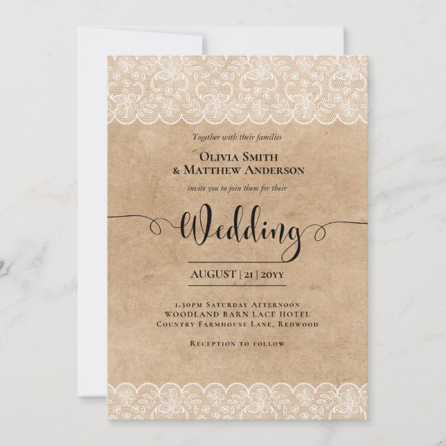 Rustic Lace Farmhouse Country Barn Wedding Invitation (Front)