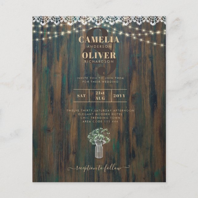 Rustic Lace Gypsophila Lights Mason Jar Wedding Flyer (Front)