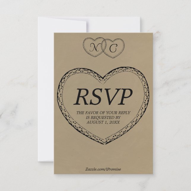 Rustic Lace Hearts Initials RSVP Card (Front)
