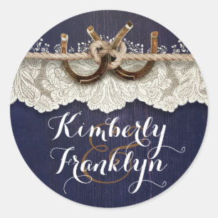 Rustic Lace Horseshoes Country Navy Wedding Classic Round Sticker