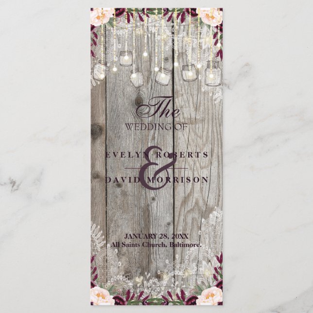 Rustic Lace Jar Wood String Lights Wedding Program Programme (Front)