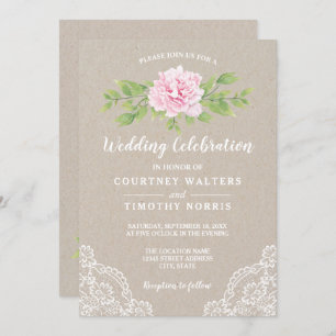 Rustic Lace Kraft Watercolor Pink Flower Wedding Invitation