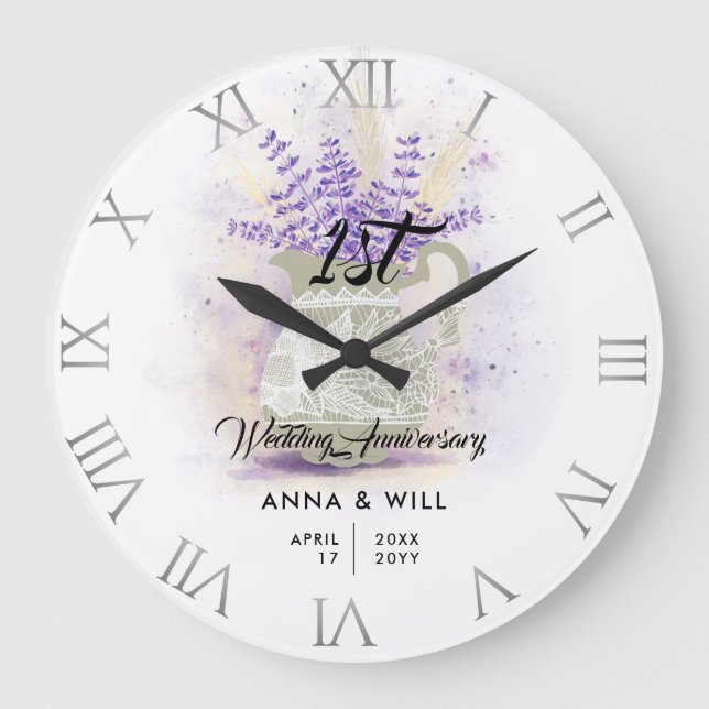 Rustic Lace Lavender Farmhouse Wedding Anniversary Large Clock (Front)