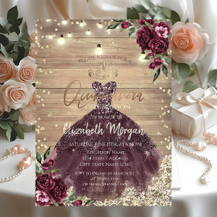 Rustic Lace,Lights,Dress,Roses Wood Quinceañera Invitation