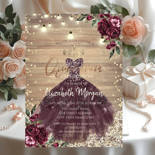 Rustic Lace,Lights,Dress,Roses Wood Quinceañera Invitation (Creator Uploaded)
