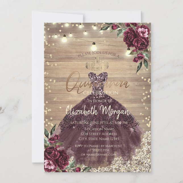 Rustic Lace,Lights,Dress,Roses Wood Quinceañera Invitation (Front)
