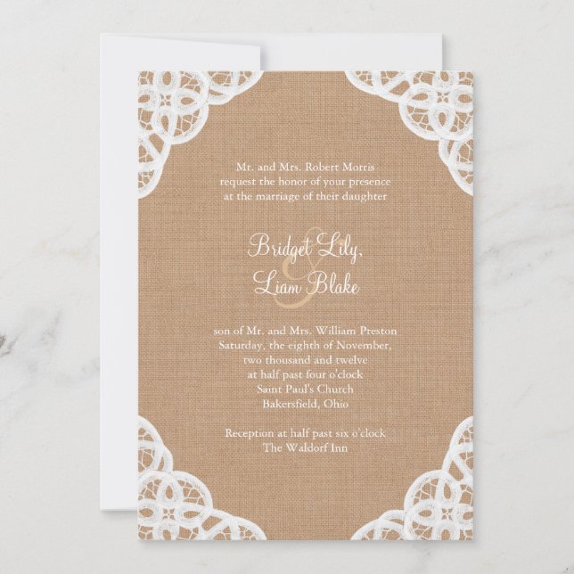 Rustic Lace & Medium Burlap Wedding Invitation (Front)