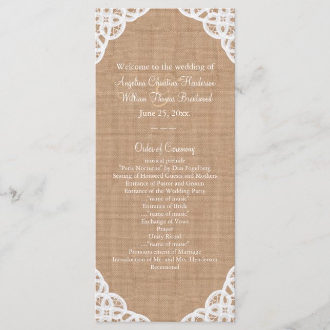 Rustic Lace & Medium Burlap Wedding Program Programme (Front)
