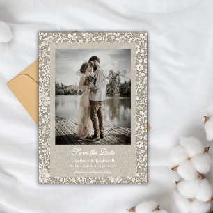 Rustic Lace Photo Beige Wedding Save The Date Invitation