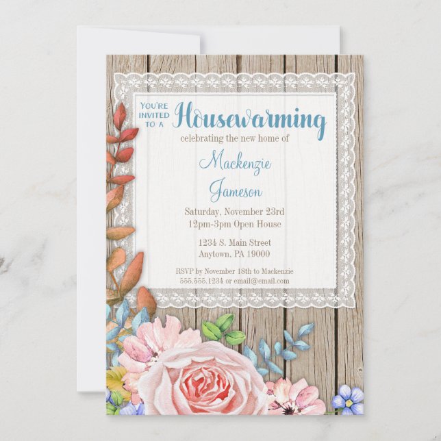 Rustic Lace Pink Rose Housewarming Invitation (Front)