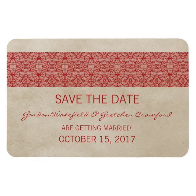Rustic Lace Save the Date Magnet, Red Magnet (Horizontal)
