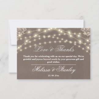 Rustic Lace String Light Calligraphy Love & Thanks Thank You Card