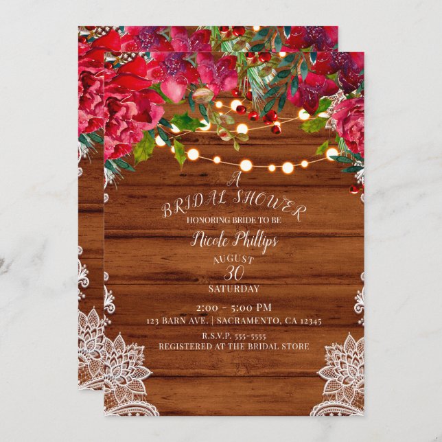Rustic Lace & String Lights Holiday Bridal Shower Invitation (Front/Back)