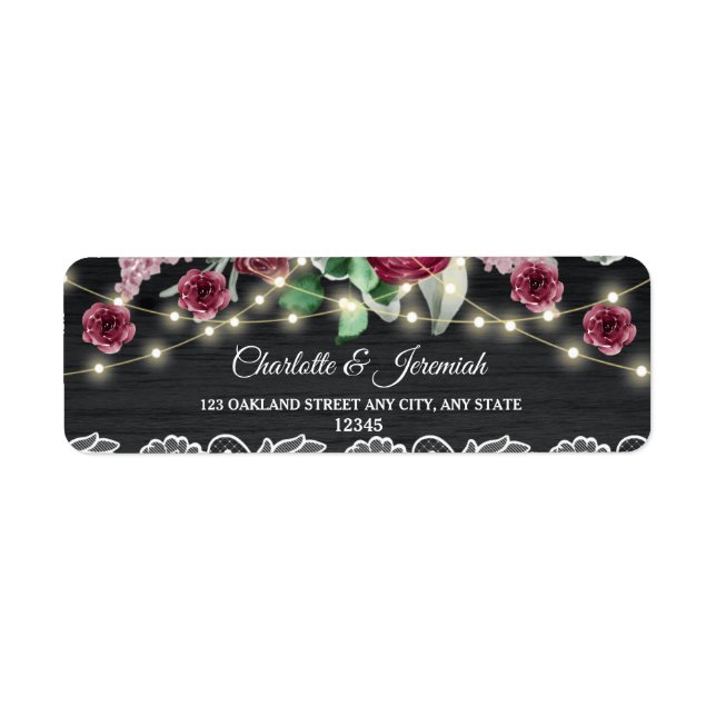 Rustic Lace String Lights Wedding Return Address (Front)