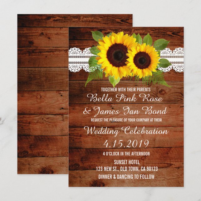 Rustic Lace Sunflowers Wedding Invitation (Front/Back)