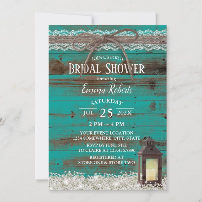 Rustic Lace Teal Barn Lantern Bridal Shower Invitation (Front)