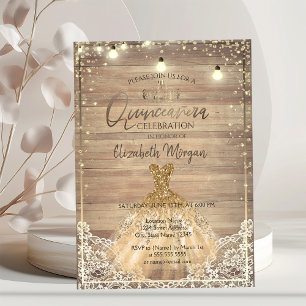 Rustic Lace,Tiara,Lights,Dress Wood Quinceañera Invitation