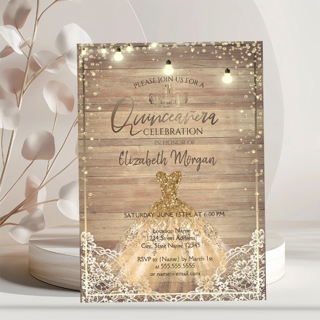 Rustic Lace,Tiara,Lights,Dress Wood Quinceañera Invitation (Creator Uploaded)