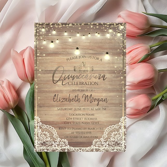 Rustic Lace,Tiara,Lights,Wood Diamonds Quinceañera Invitation (Creator Uploaded)