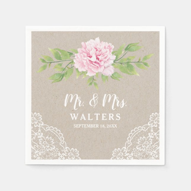 Rustic Lace Watercolor Pink Peony Flower  | Napkin (Front)