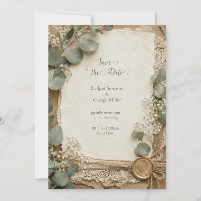Rustic Lace Wax Seal Eucalyptus Wedding Invitation (Front)