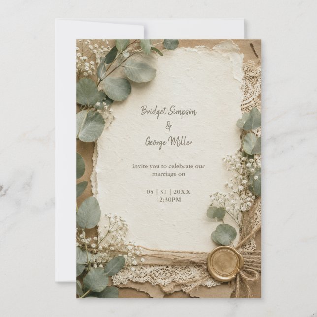 Rustic Lace Wax Seal Eucalyptus Wedding Invitation (Front)