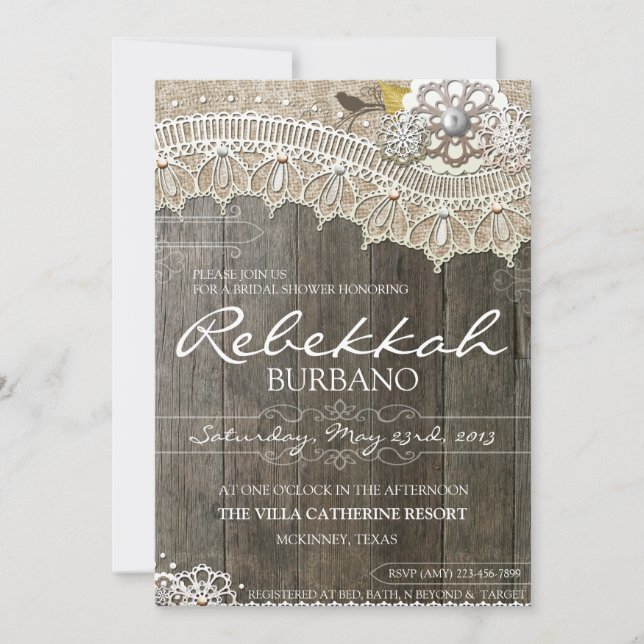 Rustic Lace Wood Bridal Shower Invitation (Front)
