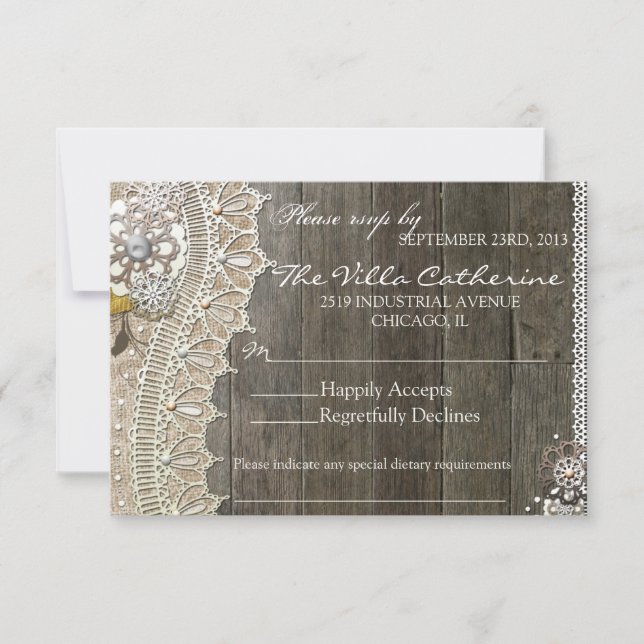 Rustic Lace Wood Floral  Wedding Reception RSVP (Front)