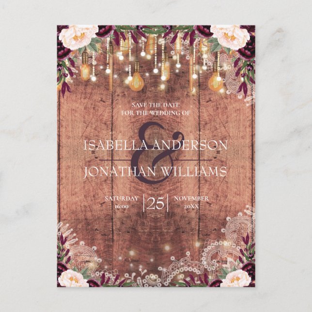 Rustic Lace Wood String Lights Save the Date Announcement Postcard (Front)