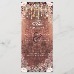Rustic Lace Wood String Lights Wedding Program Programme