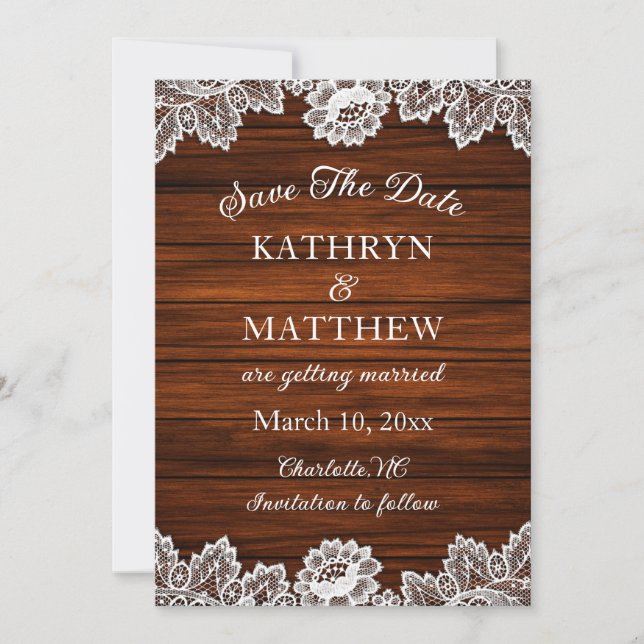 Rustic Lace Wood Wedding Save The Date (Front)
